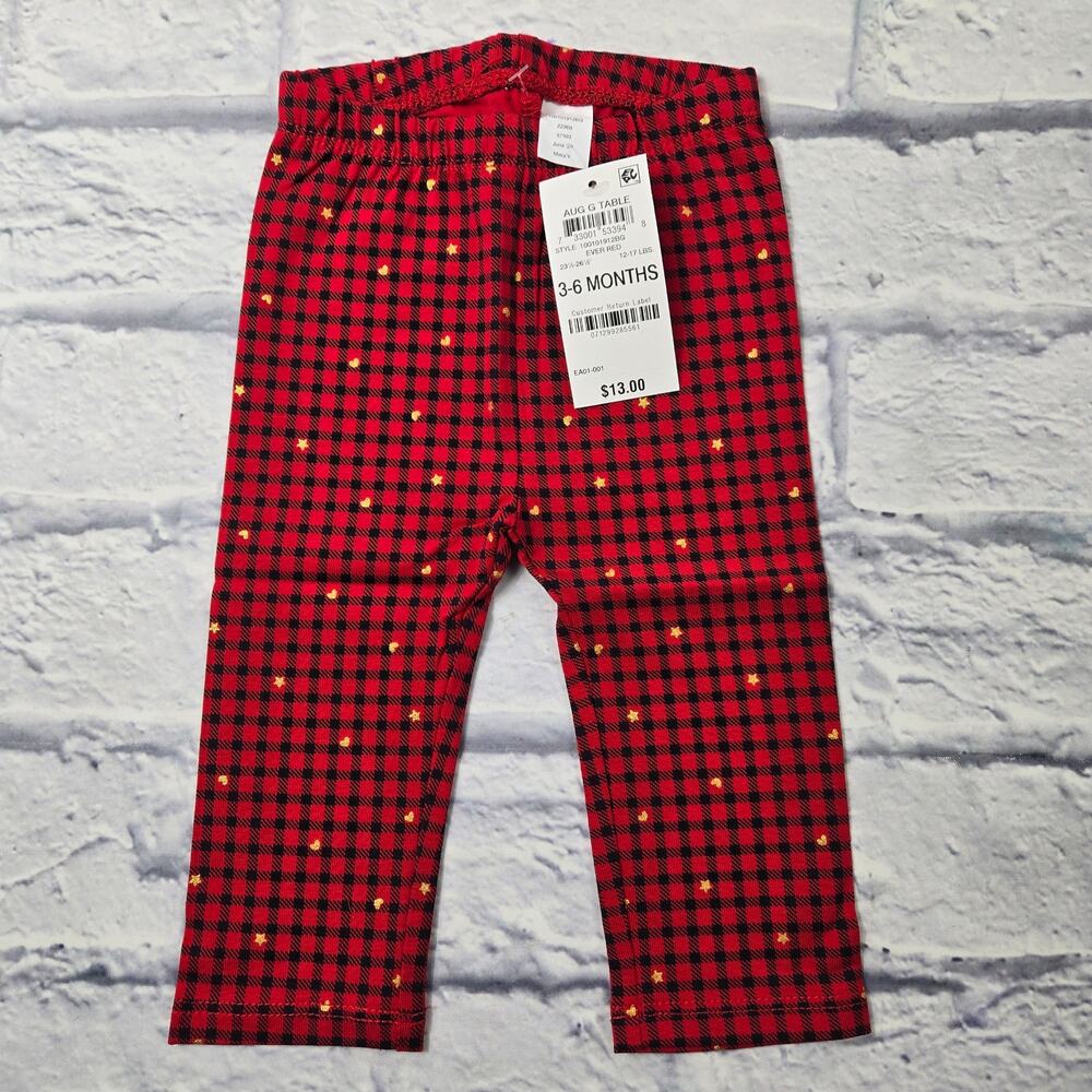 NWT First Impressions Red Black Check Pant Holiday Metallic Gold Stars 3-6 month
